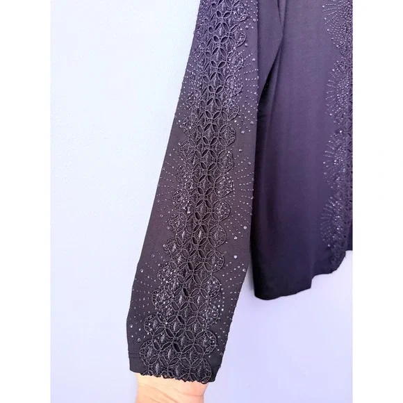 Women's Navy‎ Blue Embellished Long Sleeve Top Size Medium Rhinestones Lace - Picture 6 of 8